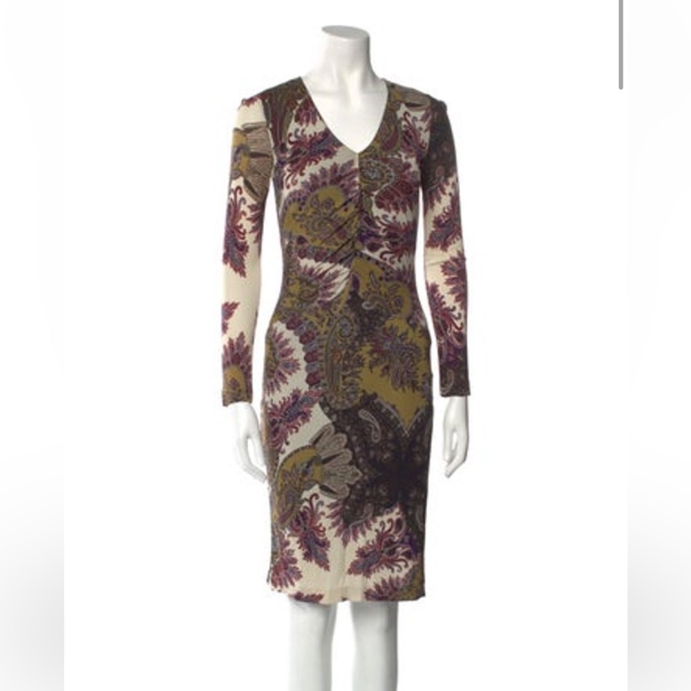 Etro Purple and Green Sheath Dress Knee-Length Long Sleeve V-Neck